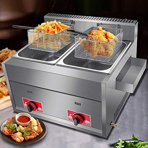Fryers Double-cylinder Gas Deep Fryer, 20L Stainless Steel, Heavy Duty, Dual Tank, Countertop, Twin Basket, Restaurants Use