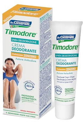 Timodore, Crema Deodorante Zenzero 48h, Ideale da Utilizzare in Casi di Ipersudorazione e Bromidrosi, Efficace 48 h, Protezione Antibatterica, 100% Made in Italy, Dermatologicamente Testato, 50 ml