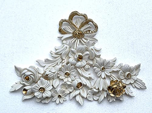 Wandrelief-3D Elfenbein Gold- Rokoko Repro Blumen Rosen Motiv Wanddeko-Barock Ornament Applike 38x28cm Wandbild Gold Deko Türbogen Wandbehang Wandskulptur accessoires C1531 Ivory Gold