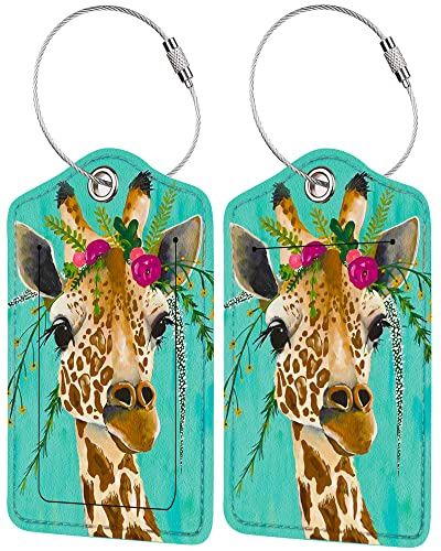 2 Pack Luggage Tag for Suitcase, Cute Unique Leather Bag Tags Identifiers Privacy Cover ID Label with Durable Steel Loop for Women Men Kids Girls Travel, Giraffe