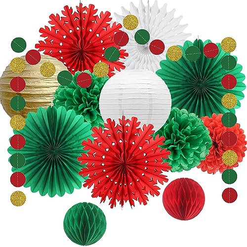 Weihnachtsdekoration Weihnachten Schneeflocke Papierfächer Papierlaterne Papier Wabenball Rot Grün Gold Kreis Punkt Girlande für Weihnachten Party Supplies Xmas Neujahr Dekorationen