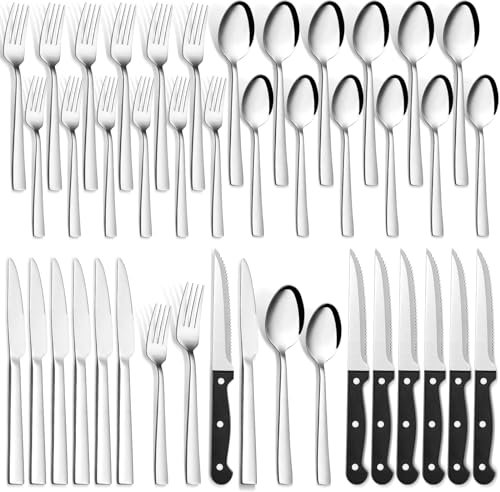 Set di posate per 6 persone, 36 pezzi, in acciaio inox con coltello da bistecca, coltello di alta qualità, forchetta, cucchiaio per famiglia/festa/hotel, lucido e lavabile in lavastoviglie