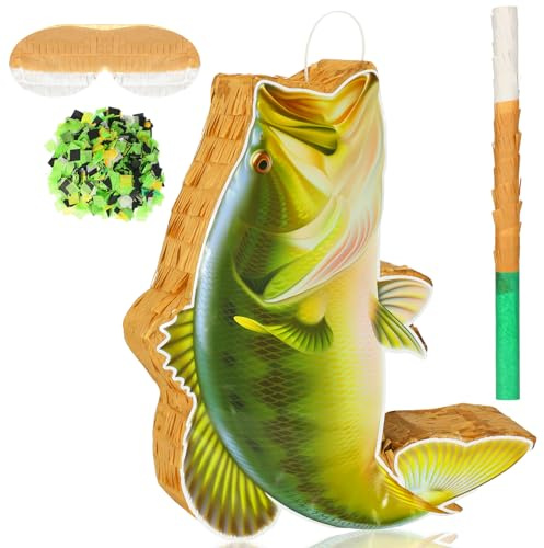 Fish Piñata Ocean Under the Sea Supplies Fishing Piñata for Birthday Party Decoration with Stick Bat Blindfold and Confetti for Fishing Fishermen Theme Birthday Party Favors Photo Prop Supplies Decor