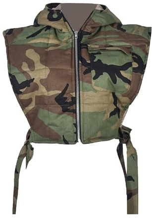 Maixang Women's Cropped Padded Camo Vest Denim Sleeveless Puffer Gilet Y2K Hooded Camouflage Vest Army Jacket Coat(Camo,M)