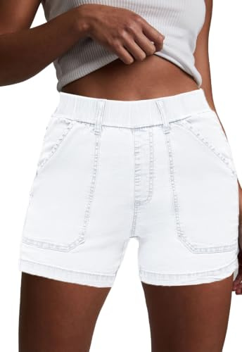 HVEPUO Short en Jean Taille Haute en Coton Extensible décontracté à Enfiler avec Poches pour Femme, Blanc, Taille L