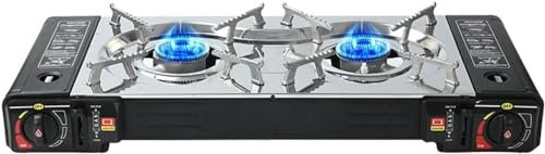 Portable Camping Gas Stove, Double Burner, BBQ Cooker, Outdoor Grill Plate – Automatic Ignition, Enamel Pan Support, Double Butane Catridges - Outdoor Camping BBQ Living