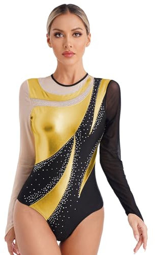 Nyeemya Damen Turnanzug Langarm Gymnastikanzug Einteiler Bodysuit mit Strass Ballett Trikot Tanz-Body Tanzkleidung Gold S