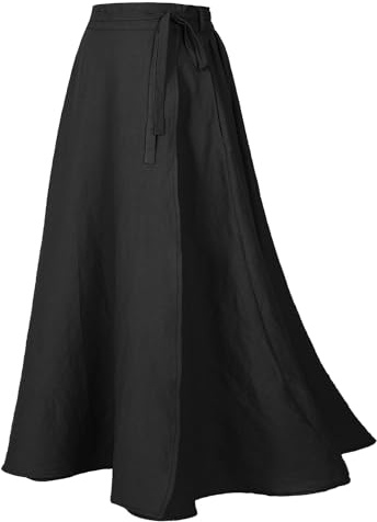 Women's Linen Wrap Skirt Casual Maxi Skirt Vintage A line Linen Skirt(Z2973BK,M)
