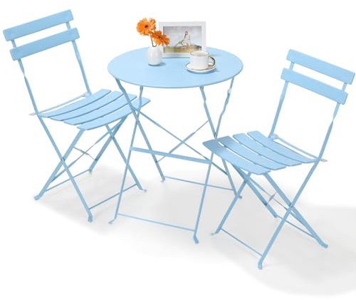 LIFERUN Bistro Set 3 Teilig Klappbar, Klapptisch mit 2PCS Klappstühle, Balkonmöbel Set für Kleinen Balkon, Balkonmöbel Klappbar, Outdoor Sitzgarnitur, Wetterfest, für Garten und Balkon, Blau