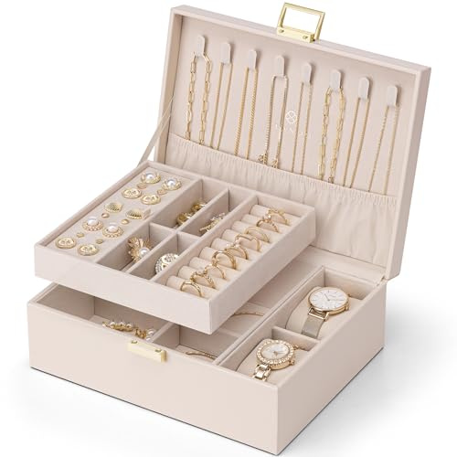 Vlando Boîte à bijoux avec plateau amovible, coussin de montre et | Espace généreux pour ranger toutes sortes de bijoux bien rangés, look élégant qui sert de beau cadeau d'anniversaire et de