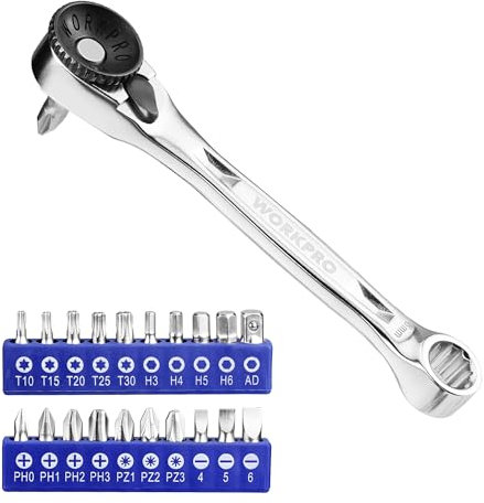 WORKPRO Mini Clé à Cliquet Double Tête 1/4, Clé à Cliquet avec 20 Embouts, Poignée à 72 Dents, Outil pour Réparation Automobile, Entretien Mécanique et Usage Quotidien