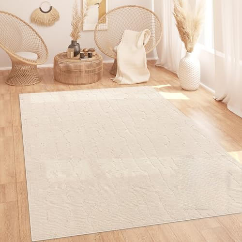 Paco Home Teppich Wohnzimmer Schlafzimmer Hochflor Skandinavisches Design Einfarbig Boho Stil Abstrakt 3D Flauschig Waschbar Deko Creme, Grösse:240x340 cm
