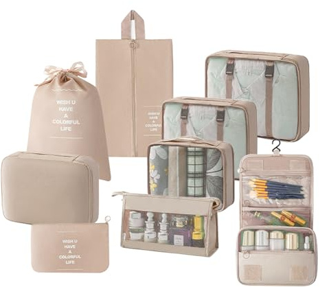 Aartner resväskearrangör, 9 stycken researrangör, packing kubes backpacking, oxfordtyg researrangör, bagagearrangör packväskor set, researrangör kläder, resor Essentials (beige)