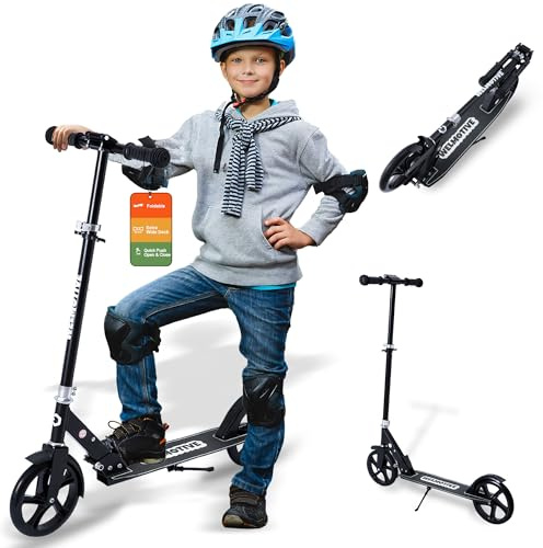 Kick Scooter for Kids Ages 6+, Teens & Adults, Adjustable Handlebars, Rear Brake, Big Wheel Foldable Scooter for Indoor & Outdoor (Black)