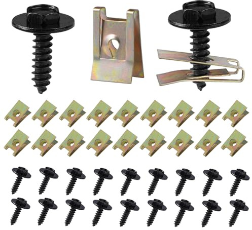 40 stycken plåtmuttrar skruvar mutterklämma kit, beklädnad skruvmuttrar, skruv mutter klämma kit, fjäder plåtmutter och U-typ karossskruvar för undergolvsfender, hjulgångsskydd