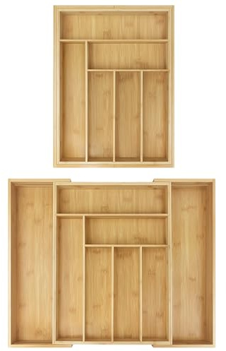 JAOSY Expandable Cutlery Drawer Organiser, 6-8 Compartments Utensil Tray for Kitchen, Bamboo Silverware and Flatware Holder, Wooden Adjustable Cooking Baking Storage Case, 32-52 x 43 x 5cm