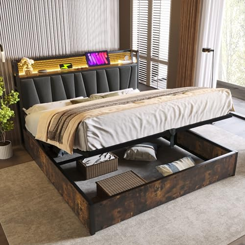 Laxnb Cama 160x200 Cama Matrimonio, Cama Juvenil con Almacenaje Hidráulico, Camas Tapizada con Cabecero LED y USByEnchufe, Cama Doble con Estructura Metálica y Lamas de Madera, Lino Gris, Sin Colchón