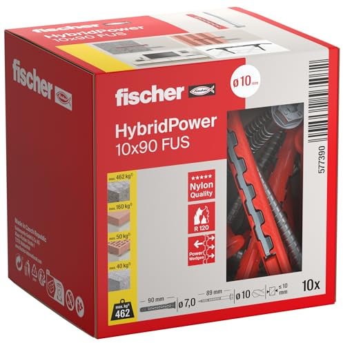fischer HybridPower 10 x 90 FUS, chevilles pour une capacité de charge et une sécurité maximales, montage facile sans outil de pose, universel pour matériaux perforés et pleins, maçonnerie, béton, sûr