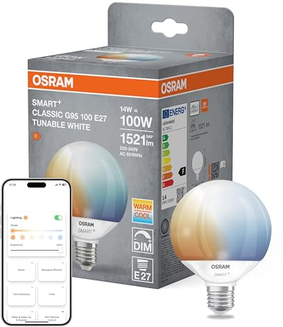Osram SMART+ LED-Lampe Globe 95 E27 Tunable White, dimmbar, Matter-kompatibel, WiFi, steuerbar per App und Sprache, 14W, 2700-6500K