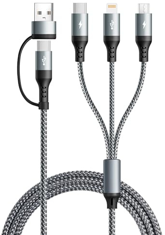 UZAHSK Multi Cavo di Ricarica, 3 in 2 Cavo USB Multiplo con Trasferimento Dati[3A 1,2M] Cavo di Ricarica Multiplo Nylon Intrecciato,USB A/C a Lightning/Tipo C/Micro per iPhone/Galaxy/Android/Tablet