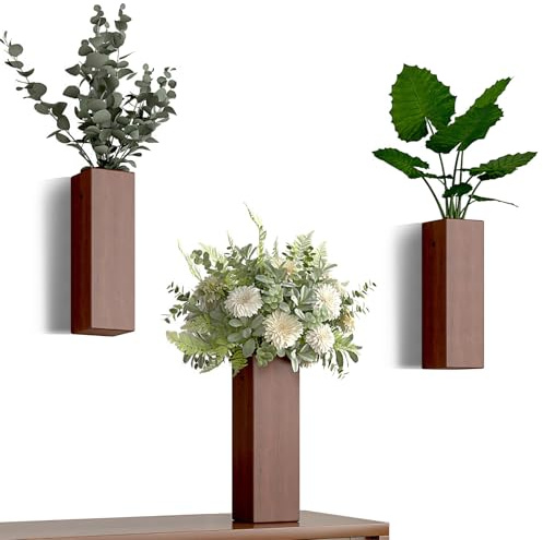 Ciwuchan Wall Mount Wood Vase for Living Room,Modern Wood Planter Art Decor for Fake Plants Greenery Flowers,Farmhouse Bedroom Kitchen Dinning Bathroom Home Office Decoration (Brown)