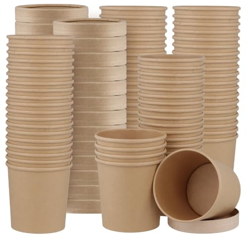 MUKSUET 80 PCS 12oz (350ml) Disposable Kraft Soup Cups with Lids, Brown Takeaway Containers for Ice Cream, Dessert and Hot Soup