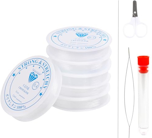 LOMIMOS 6 Rouleaux Fil Elastique pour Bracelet, Fil de Perles Extensible 0.4mm-1mm Cristal Cordes pour Bracelet Resistant avec Ciseaux et Aiguille à Perles Artisanat DIY Fabrication de Bijoux