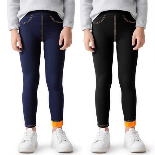 Baogaier Filles Chaud Leggings Doublé Polaire, Thermique Molleton Jeans Denim Legging, Lot de 2, Extensible Confortable Pantalons avec Poche Hiver Vêtements Enfants pour 6-7 Ans, Noir&Bleu