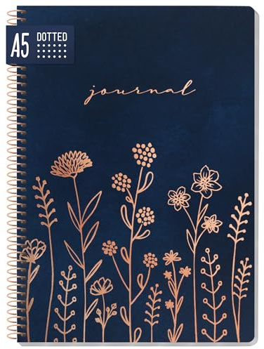 paper&you® Anteckningsbok A5 prickat spiralbunden Fine Flowers night blue | 160 numrerade sidor med prickat papper och spiralbindning – för att göra listor, skisser och kreativa anteckningar