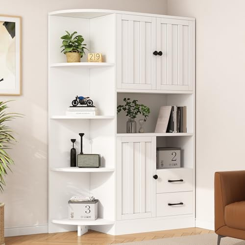 104 x 35 x 155 cm, vetrina da soggiorno con 3 armadi + 2 cassetti, scaffalature da soggiorno, armadi alti e altopiano con un totale di 14 scomparti, librerie, credenza, bianco