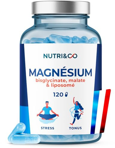 NUTRI & CO Magnesio Bisglicinato Malato e Liposoma + Vitamina B6 - Alto Contenuto 300mg/giorno Alto Assorbimento Superiore al Magnesio Marino - Stanchezza e Stress - 120 capsule Prodotto in Francia