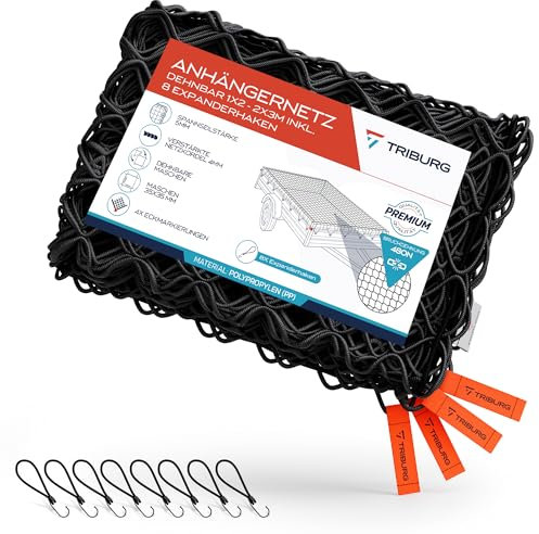 TRIBURG Anhängernetz dehnbar 1x2 bis 2x3 inkl. 8x Expander Haken - Anhängernetz inkl. 8x Gummispanner mit Haken für optimale Ladungssicherung [spannhaken/planenspanner]