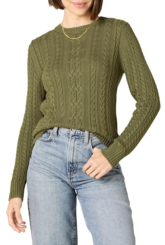 Amazon Essentials Women's Fisherman Cable Knit Long-Sleeve Crewneck Jumper (Available in Plus Size), Olive, L