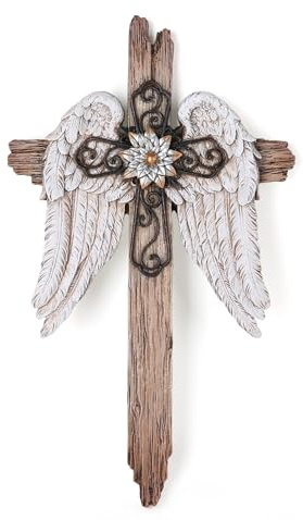 BC Home Decor Angel Wings Crosses Wall Décor, 12 H Angel Decoration Gifts For Women, Rustic Decor Style, Inspirational Wall Sculpture, Hand Painted by Buildclassic