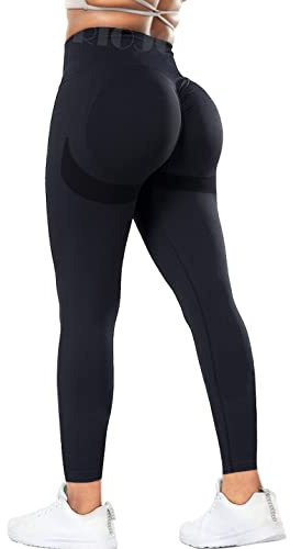 RIOJOY Scrunch Butt Leggings Damen Hoch Taille Blickdicht Sportleggings Po Push Up Yoga Leggins Schwarz