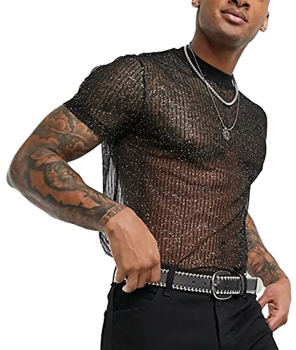 AIEOE Homme Sexy T-Shirt à Paillettes Respirant Clubwear Transparent Haut en Gaze Col Rond Noir FR Taille L/Label Taille XXL