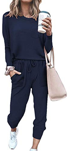 Jhsnjnr Women's Tracksuit Set Long Sleeve Pyjamas Lounge Set Pants with Pockets Navy Blue