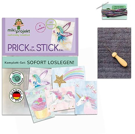 mikiprojekt® 2in1 Premium Prickelnadel Set Kinder inkl. Stickbilder, Wollfilz - ohne Plastik, made in Germany - Sicheres Prickeln & Sticken Kinder Set aus unbedenklichem Premium Material - Prickelset