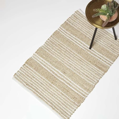 HOMESCAPES Handwoven Natural & Cream Striped Rug 60 x 90 cm Cotton & Jute Small Floor Mat ‘Arlyn’ with Traditional Stripe Pattern