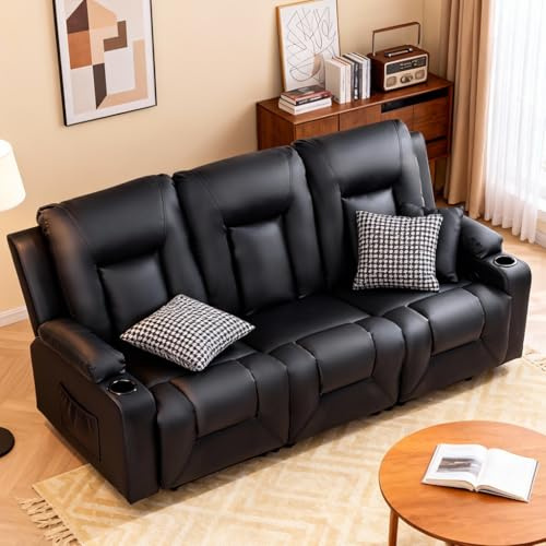COMHOMA Living Room Furniture Set,Faux Leather Manual Recliner Sofa Sets with Cup Holders,Reclining Couch,Loveseat and Armchair,3,Black