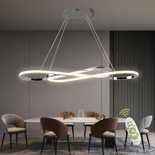 AHRHSM Moderne LED Pendelleuchte Höhenverstellbar mit Fernbedienung, 57W Dimmbare Esstischlampe, Doppel-8 Design Esszimmerlampe für Schlafzimmer, Esszimmer, Flur, Küche (Helles Silber)