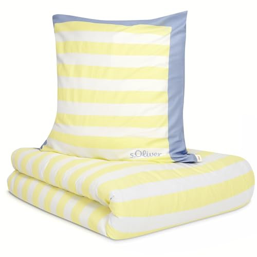 s.Oliver Bettwäsche 155x220 cm - 100% Baumwolle, anschmiegsam & weich, Reißverschluss, Sommerbettwäsche blau gelb