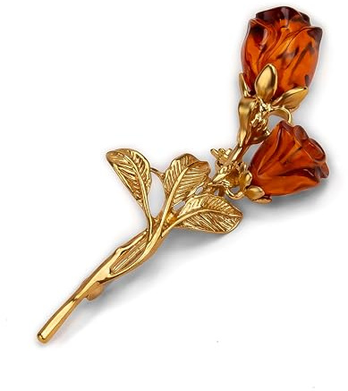 HENRYKA Rose Brooch Baltic Amber 925 Sterling Silver 24ct Gold Plate | Flower Statement Jewellery | Coat Scarf Accessory Pin | Gifts for Women Mum, Sterling Silver, Amber