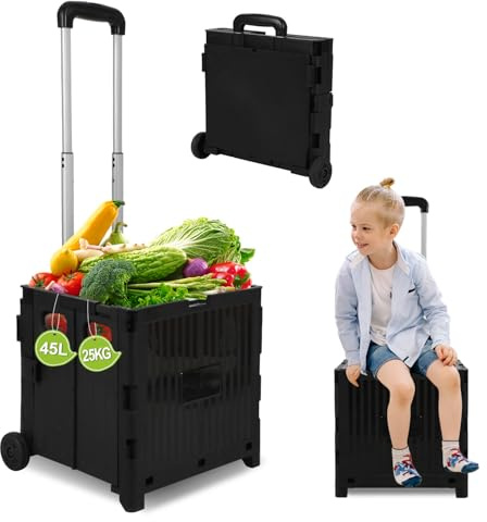 Eikuavons Vikbar shoppingvagn 45 l med lock, 2-hjuls vagn, höjdjusterbart handtag, 40 kg lastkapacitet, vikbar transportvagn för stormarknad, camping, flytt (svart