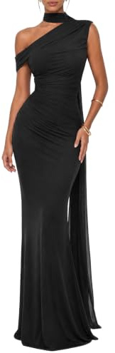 CurvySweet Isolde Women's One Shoulder Mesh Ribbon Ruched Formal Maxi Dress | Built-in bra, cascading tie, mermaid hem, curve-hugging fit, soft lining, stretch fabric for weddings, proms and celebrations