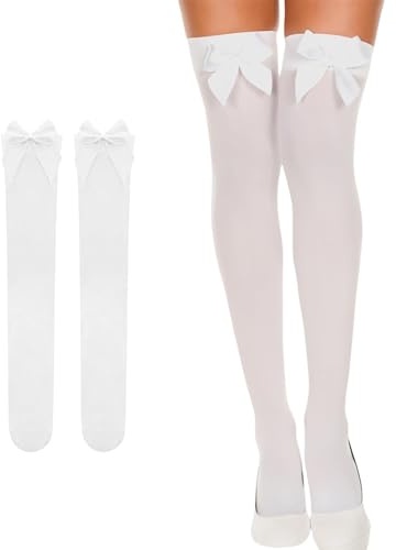 BinXiaoQin Medias por encima de la rodilla para Halloween, hasta la rodilla con lazo, medias altas hasta la rodilla, medias hasta la rodilla para mujer con lazo, calcetines de Navidad, Blanco, Talla
