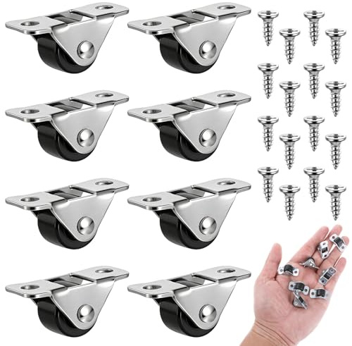 LXUEJIE 8 Pcs Mini Casters, 1/2 Inch Low Profile Fixed Caster Wheels, Single Direction Metal Top Silent Rigid Casters with Screws for Furniture, Rolling Cabinet, Trundle Bed Drawer, Silver & Black