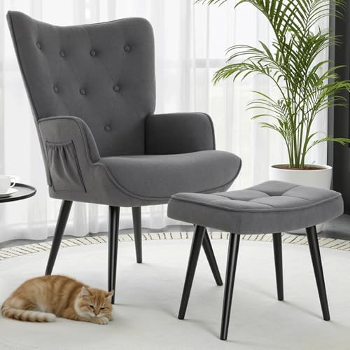 Clevich Ohrensessel - Gemütlicher Loungesessel mit Hocker, Lesesesselaus, Chenille Armchair für Wohnzimmer & Schlafzimmer - Bis 168kg, Grau