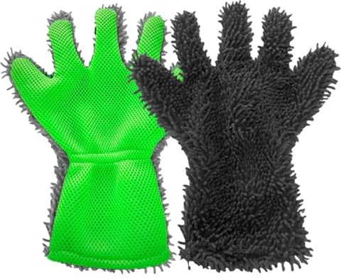 SENRISE 1 paio di guanti per lavaggio auto, guanti per lavaggio auto, 5 dita, guanti per la pulizia delle ruote, pulizia della casa, rimozione della polvere (nero + verde)