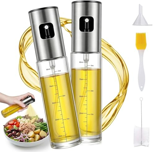 ZOVRIXIA 2er Ölsprüher für Speiseöl, 100 ML Öl Sprühflasche aus Edelstahl und Glas mit Skala & Trichter, Multifunktionaler Ölspray für Heißluftfritteuse, Salat, Grillen, Backen, Küchen Gadgets